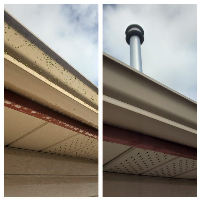 A before and after image showing the benefits of eavestrough cleaning
