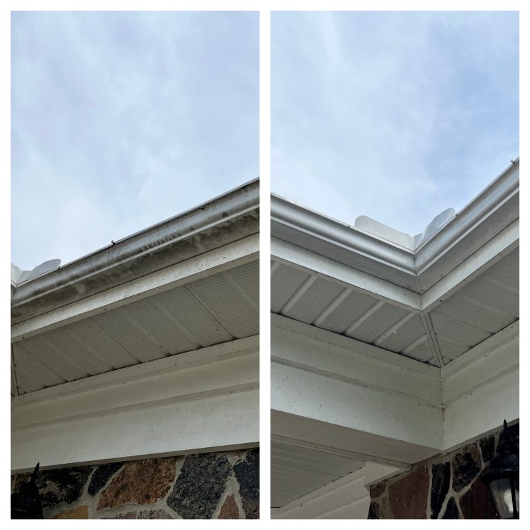 A before and after image showing eavestrough before they were cleaned and after they were cleaned